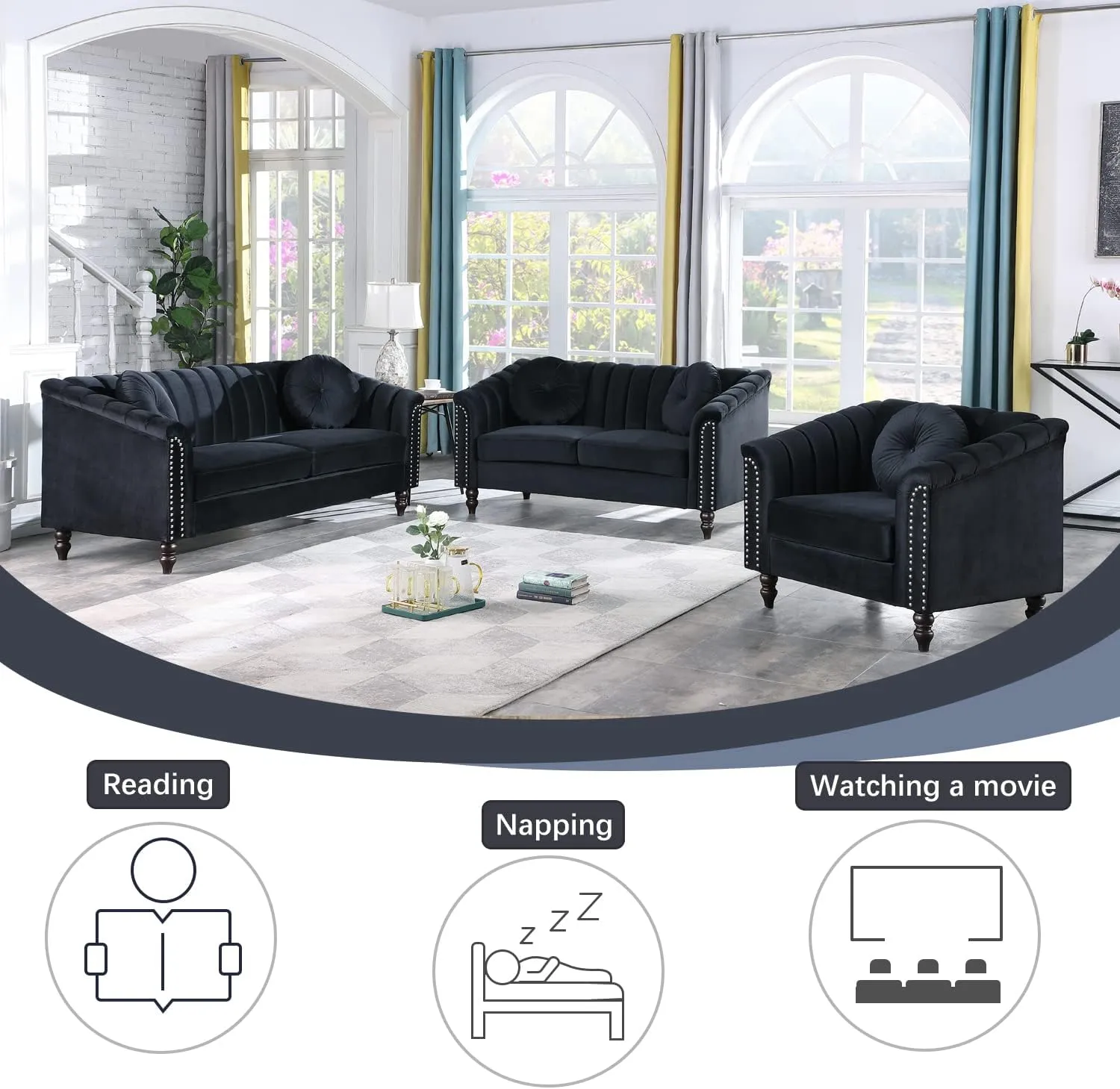 Black Chesterfield Velvet Sofa Couch Set (Chair/Loveseat/Sofa) - for Living Room Furniture Sets、Offices、Apartments