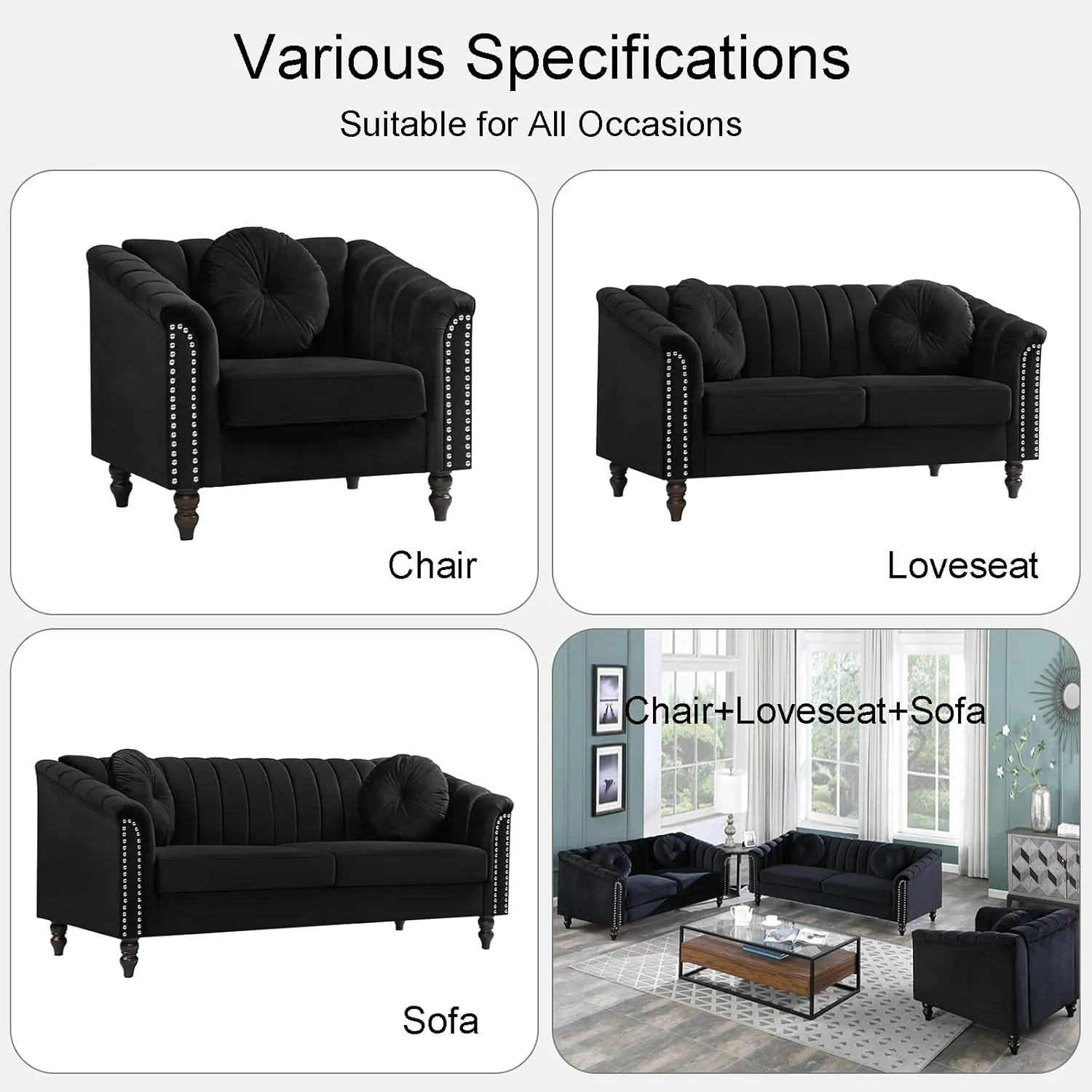 Black Chesterfield Velvet Sofa Couch Set (Chair/Loveseat/Sofa) - for Living Room Furniture Sets、Offices、Apartments