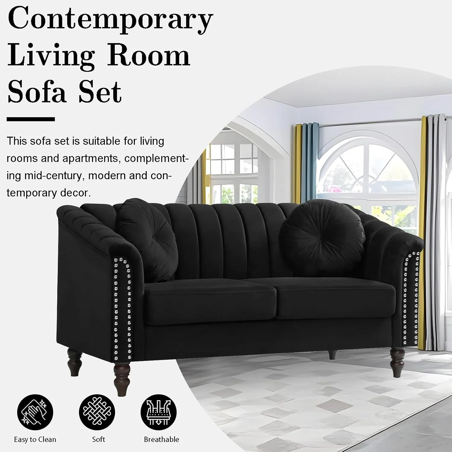 Black Chesterfield Velvet Sofa Couch Set (Chair/Loveseat/Sofa) - for Living Room Furniture Sets、Offices、Apartments