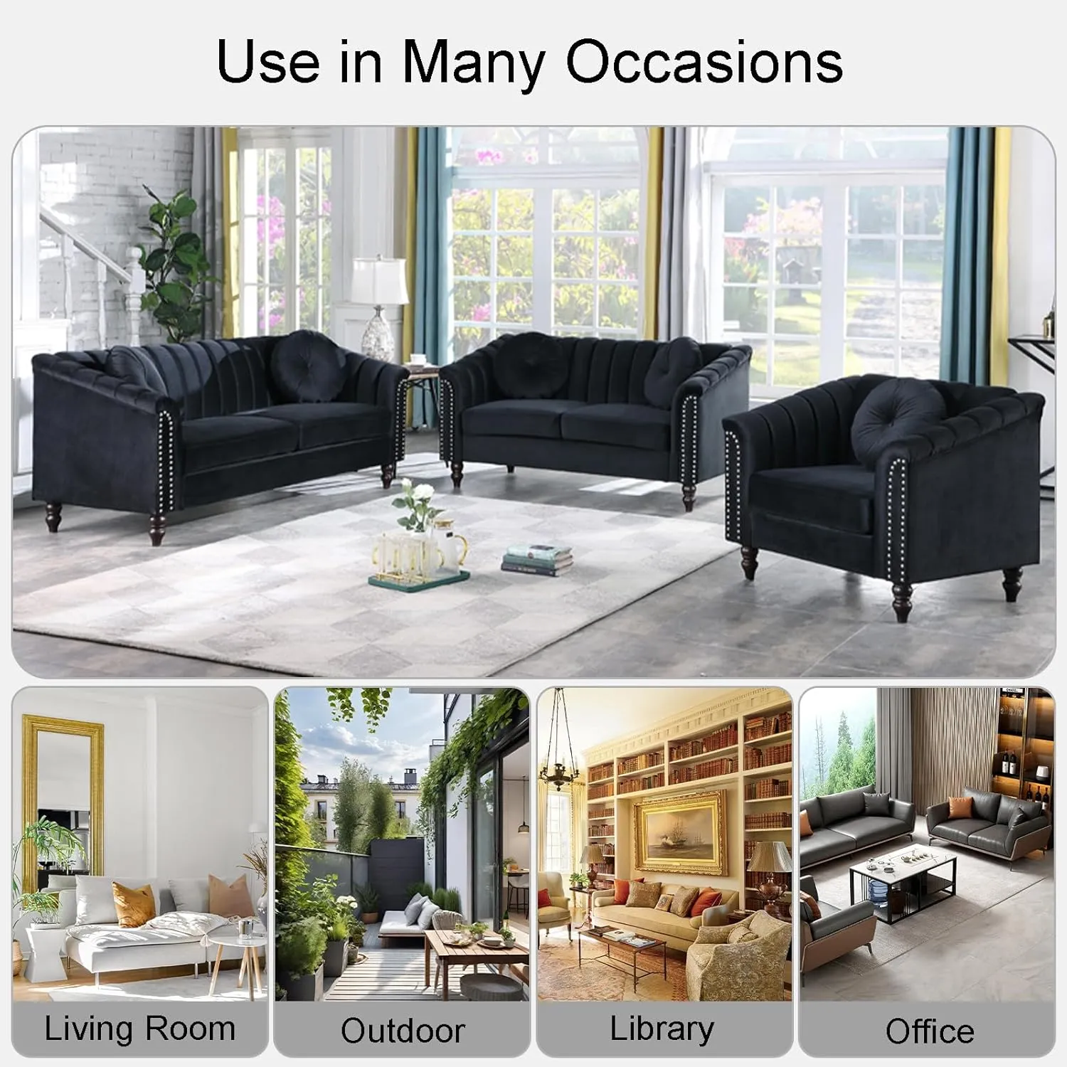 Black Chesterfield Velvet Sofa Couch Set (Chair/Loveseat/Sofa) - for Living Room Furniture Sets、Offices、Apartments