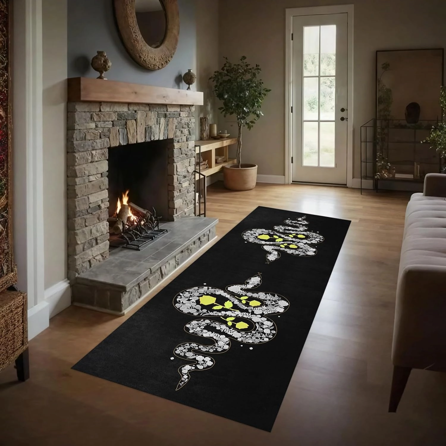 Black Snake Runner Rug 2x7ft Man Cave Serpent Rug for Hallway Machine Washable Rose Snake Print Non-Slip Floor Mat for Foyer Entrance Bedroom College Dorm Decor Carpet