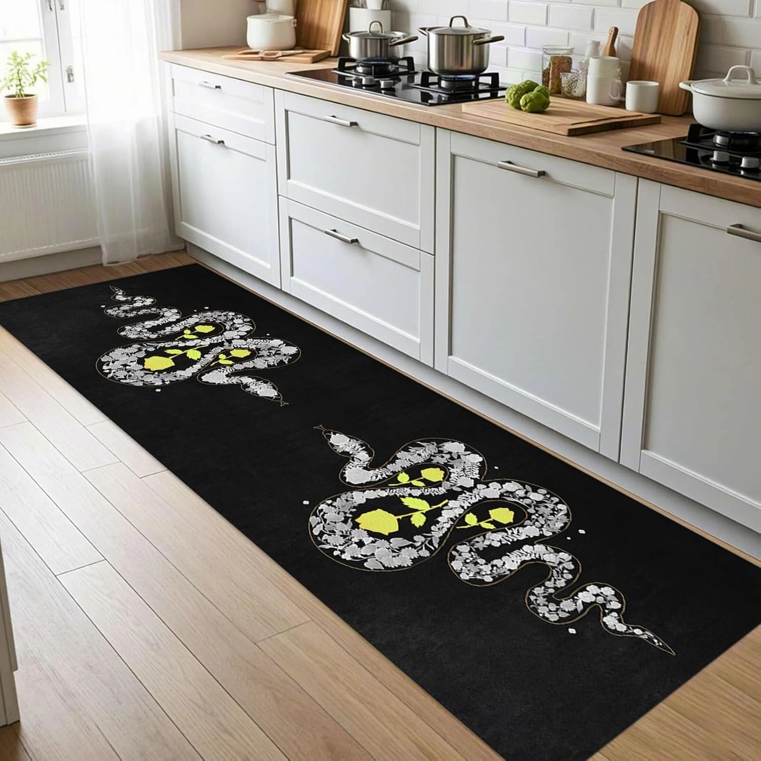 Black Snake Runner Rug 2x7ft Man Cave Serpent Rug for Hallway Machine Washable Rose Snake Print Non-Slip Floor Mat for Foyer Entrance Bedroom College Dorm Decor Carpet