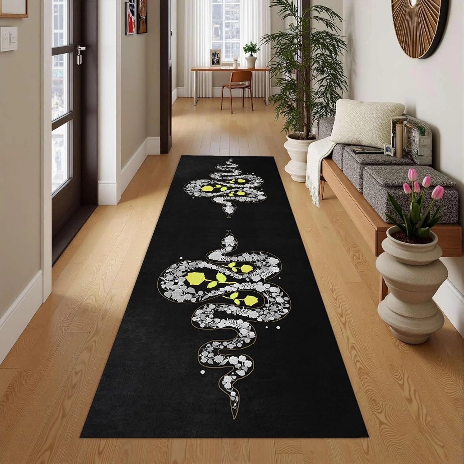 Black Snake Runner Rug 2x7ft Man Cave Serpent Rug for Hallway Machine Washable Rose Snake Print Non-Slip Floor Mat for Foyer Entrance Bedroom College Dorm Decor Carpet