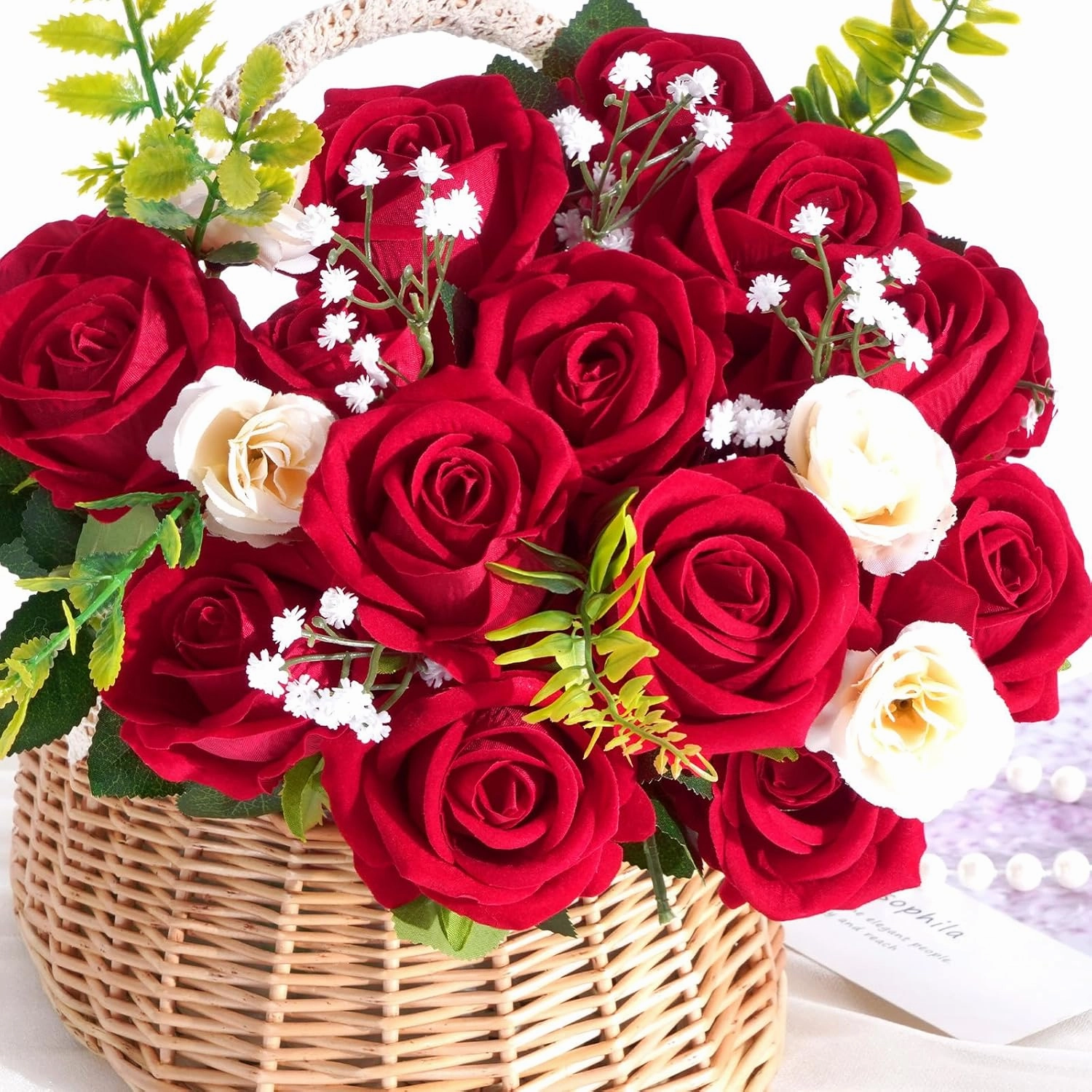 BLEUM CADE 50 Pcs Red Roses Artificial Flowers, Real Touch Velvet Roses Fake Flowers Bulk, Artificial Roses Bouquet with Long Stems Bridal DIY Wedding Party Centerpiece Decorations