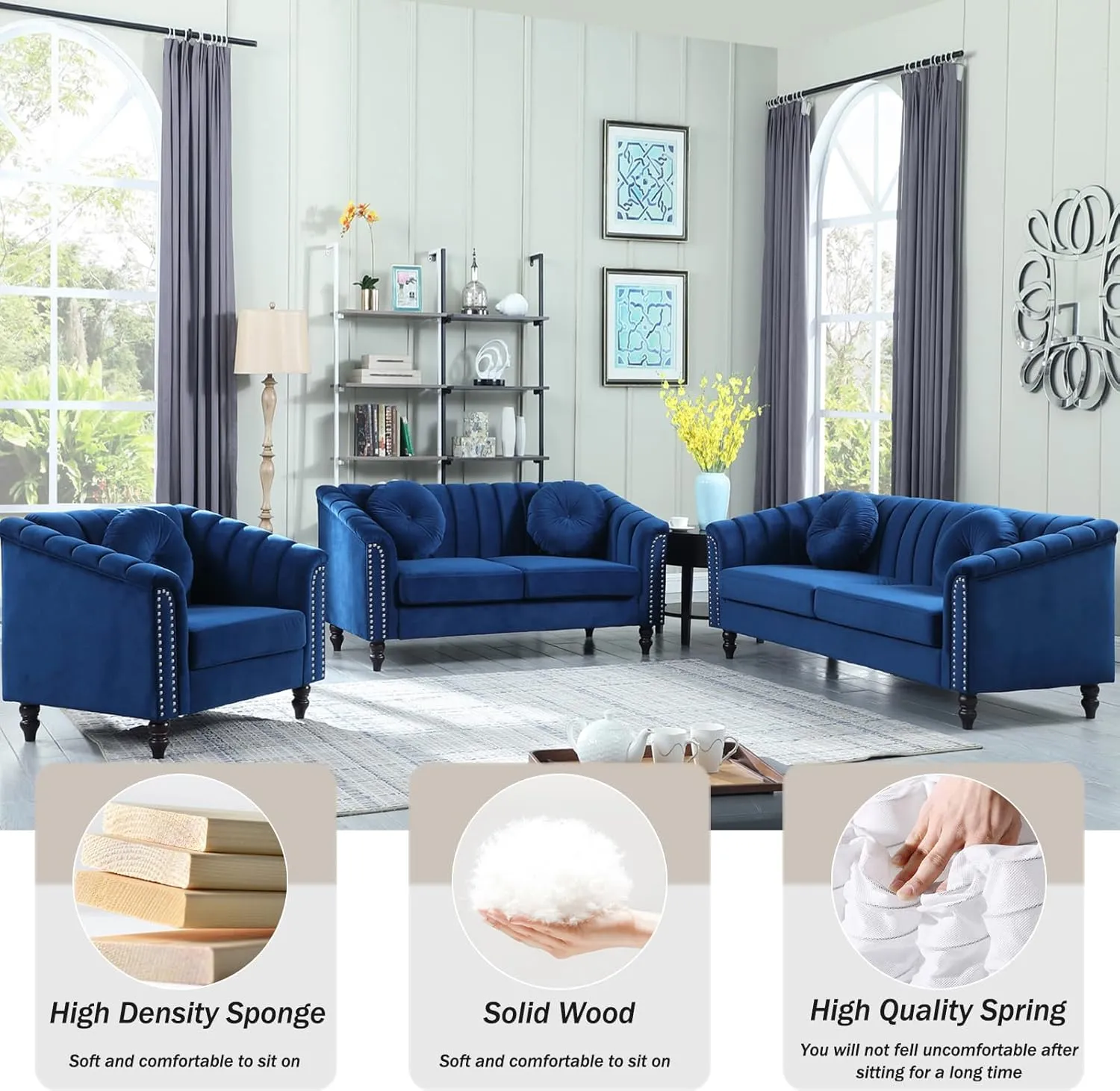 Blue Chesterfield Velvet Sofa Couch Set (Chair/Loveseat/Sofa) - for Living Room Furniture Sets、Offices、Apartments