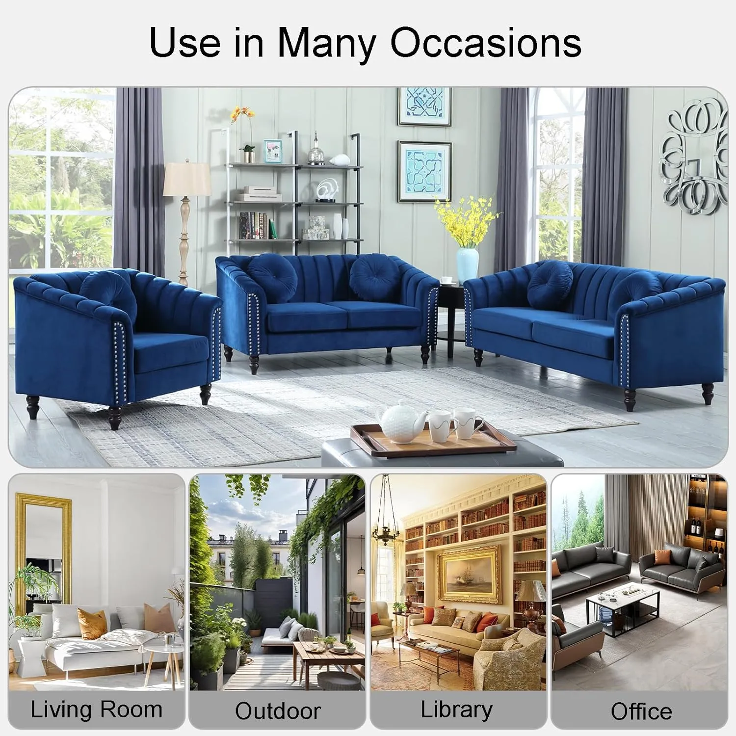 Blue Chesterfield Velvet Sofa Couch Set (Chair/Loveseat/Sofa) - for Living Room Furniture Sets、Offices、Apartments