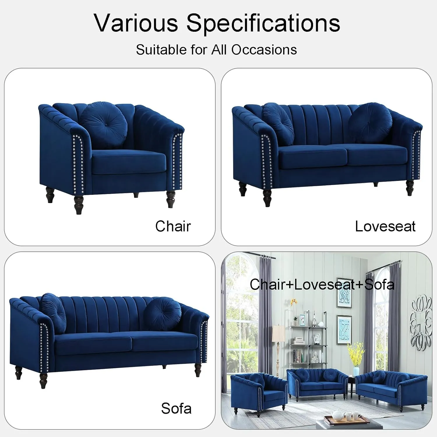 Blue Chesterfield Velvet Sofa Couch Set (Chair/Loveseat/Sofa) - for Living Room Furniture Sets、Offices、Apartments