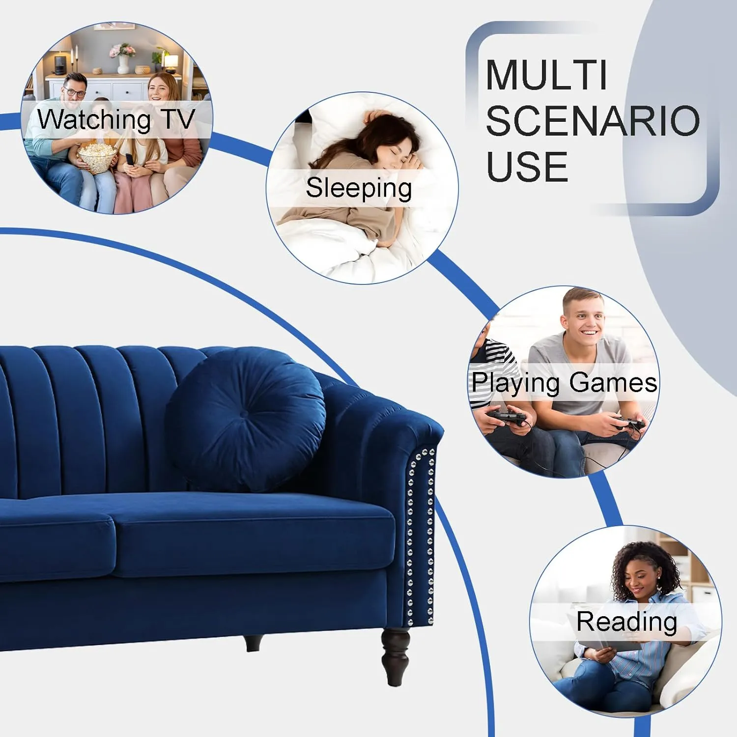 Blue Chesterfield Velvet Sofa Couch Set (Chair/Loveseat/Sofa) - for Living Room Furniture Sets、Offices、Apartments