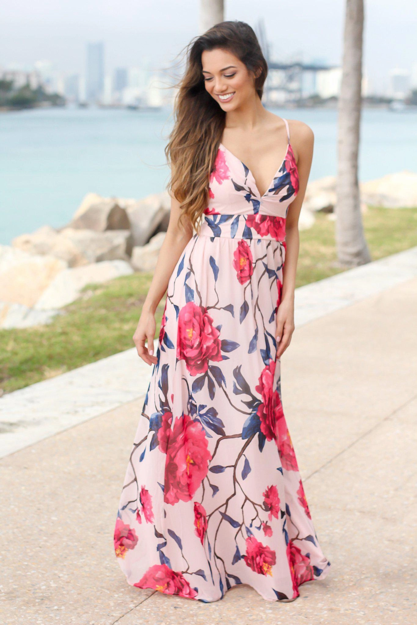 Blush and Fuchsia Floral Maxi Dress with Criss Cross Back