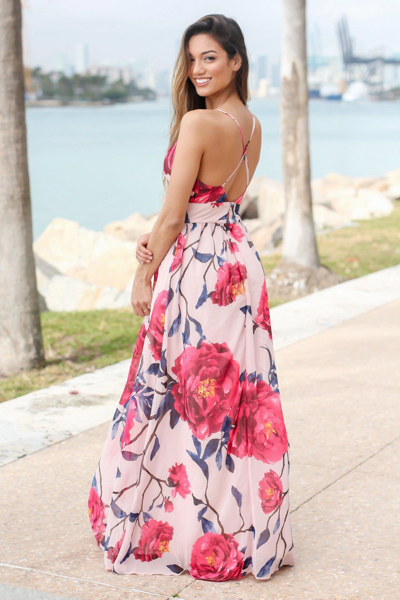 Blush and Fuchsia Floral Maxi Dress with Criss Cross Back