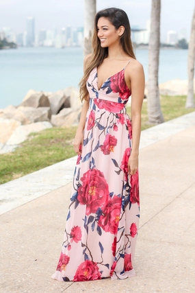 Blush and Fuchsia Floral Maxi Dress with Criss Cross Back