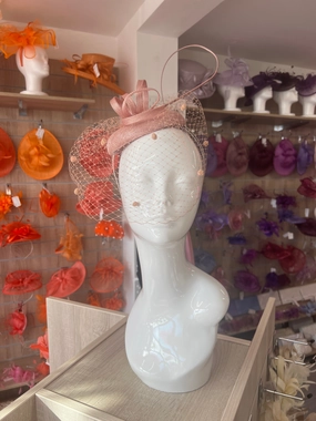 Blush Pillbox Hat with Veil & Curled Quill
