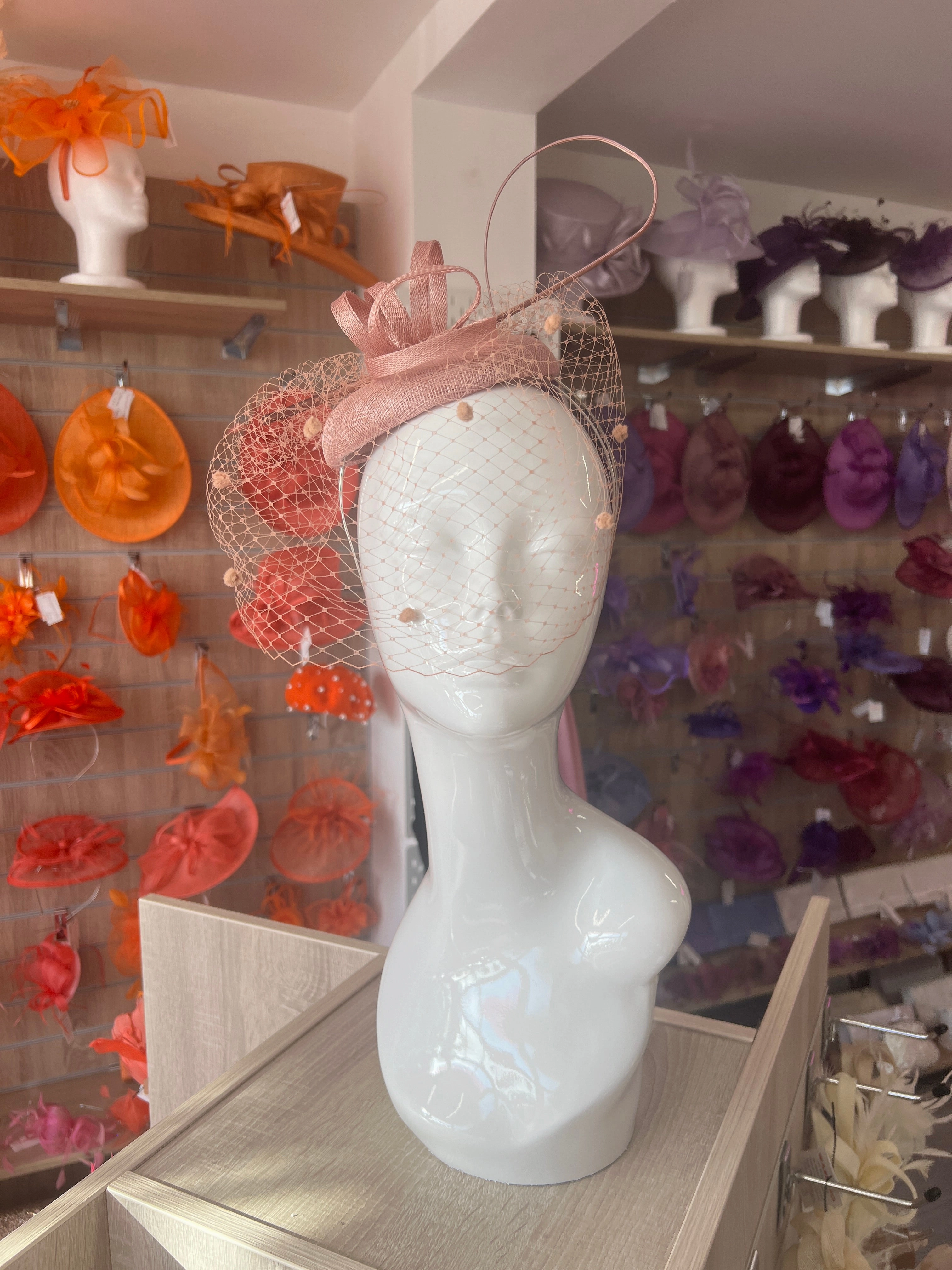 Blush Pillbox Hat with Veil & Curled Quill