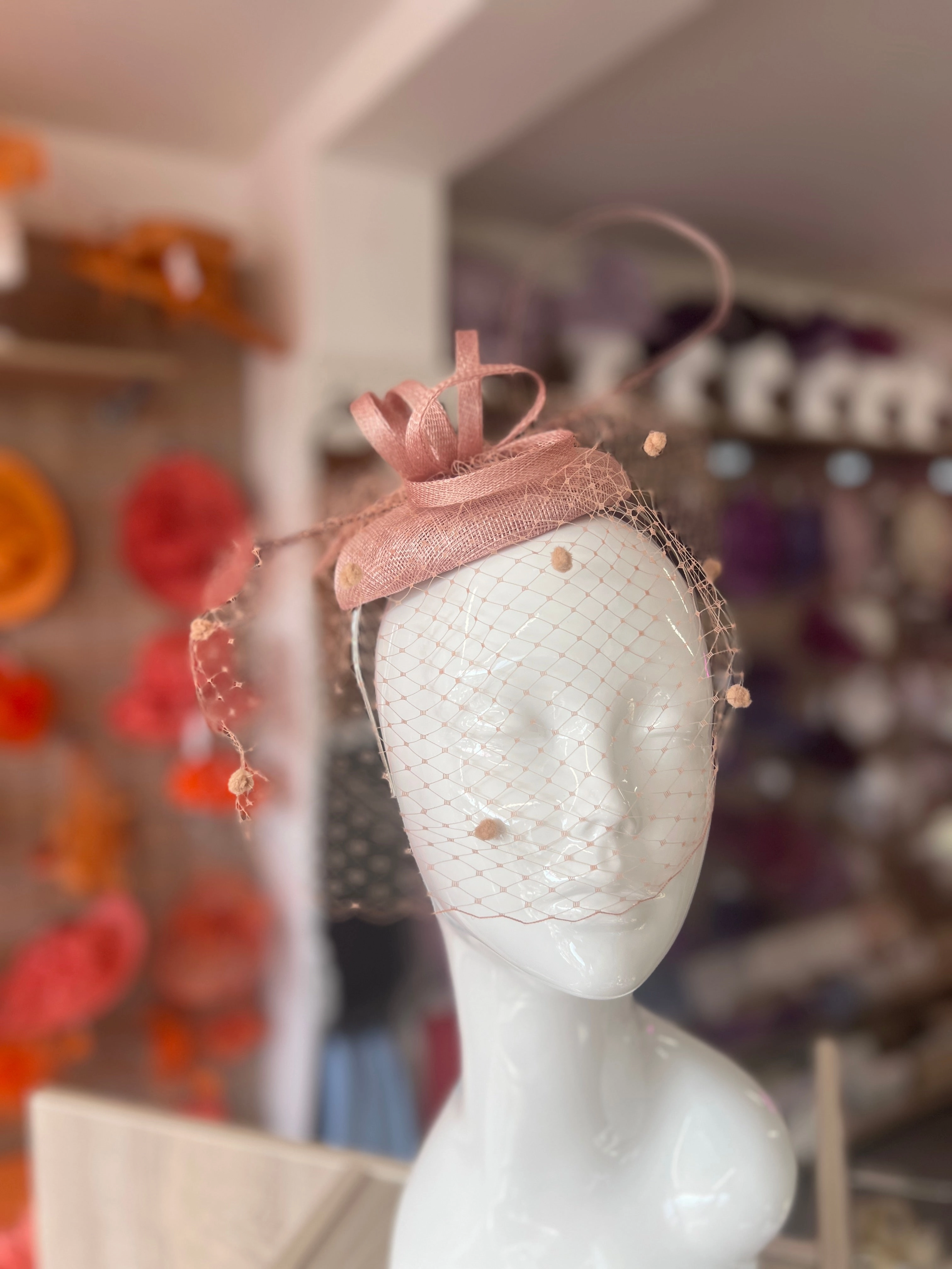 Blush Pillbox Hat with Veil & Curled Quill