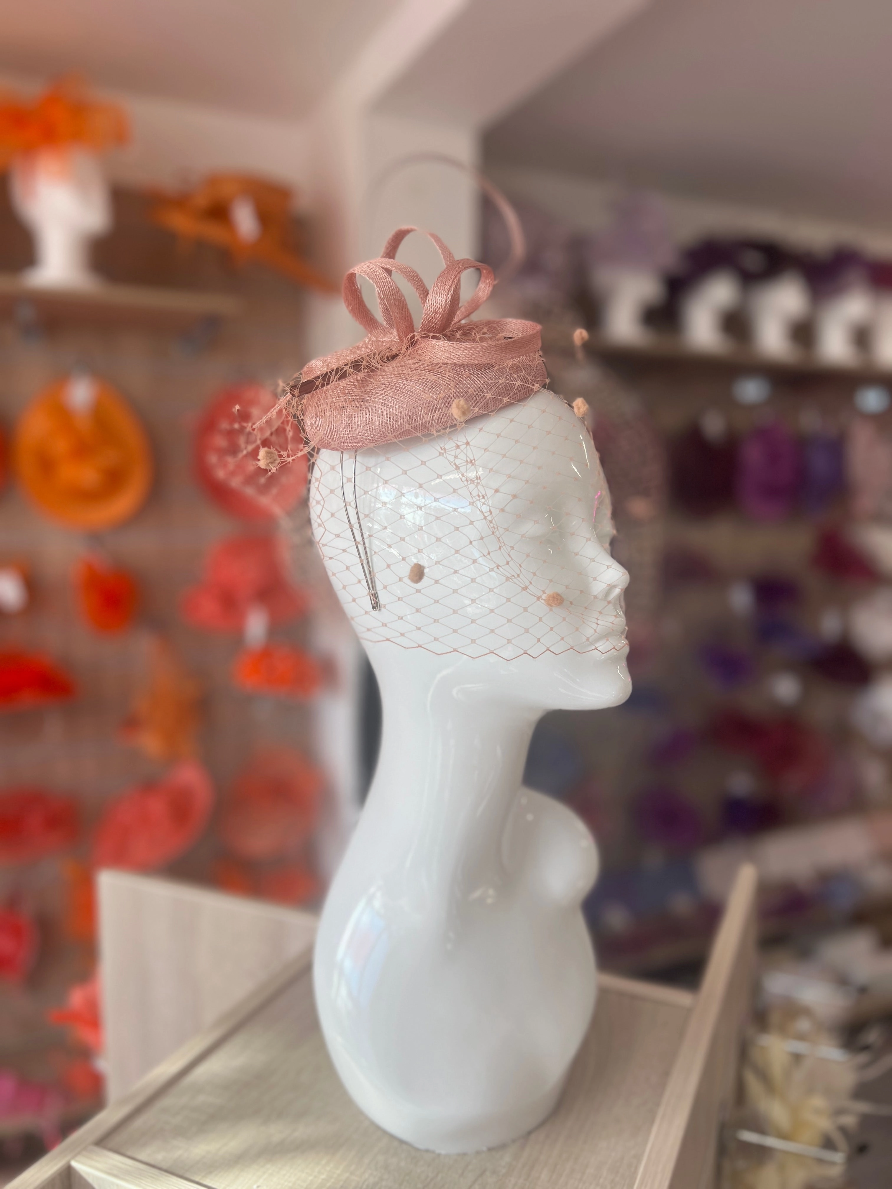 Blush Pillbox Hat with Veil & Curled Quill