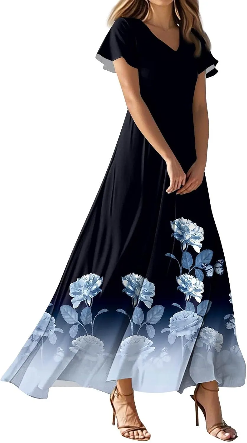 Boho Dresses for Women 2025 Floral Maxi Dress - Short Sleeve Summer Wedding Guest Dress Empire Waist Modest Midi Dresses