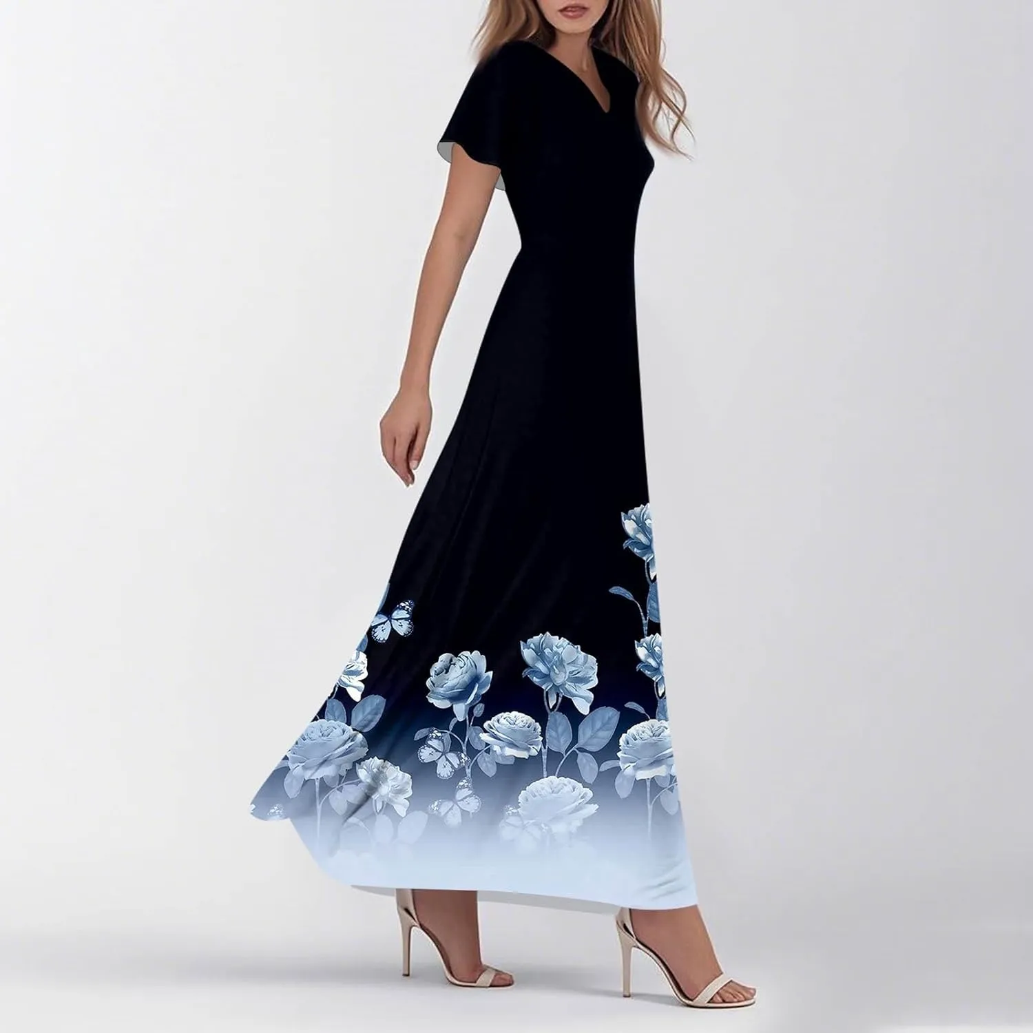 Boho Dresses for Women 2025 Floral Maxi Dress - Short Sleeve Summer Wedding Guest Dress Empire Waist Modest Midi Dresses