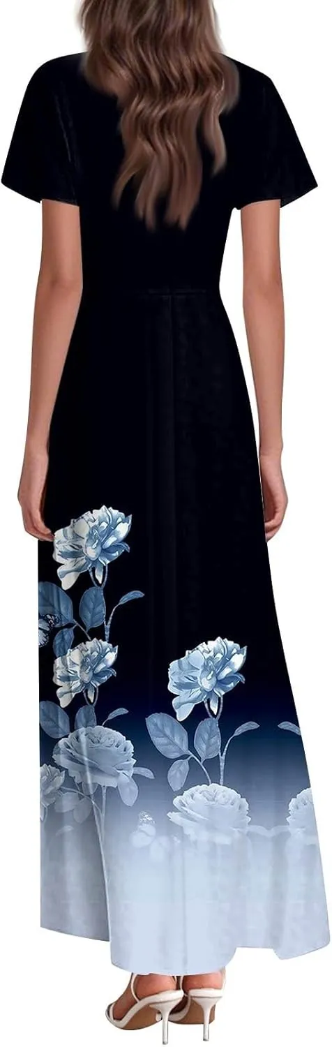 Boho Dresses for Women 2025 Floral Maxi Dress - Short Sleeve Summer Wedding Guest Dress Empire Waist Modest Midi Dresses
