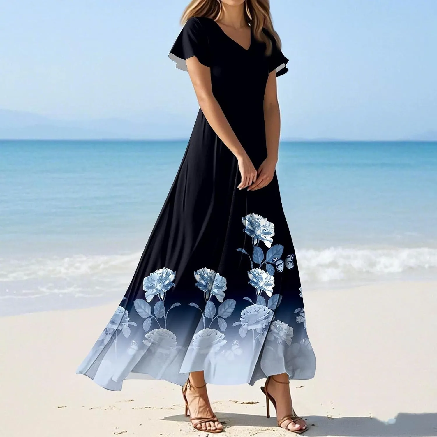 Boho Dresses for Women 2025 Floral Maxi Dress - Short Sleeve Summer Wedding Guest Dress Empire Waist Modest Midi Dresses