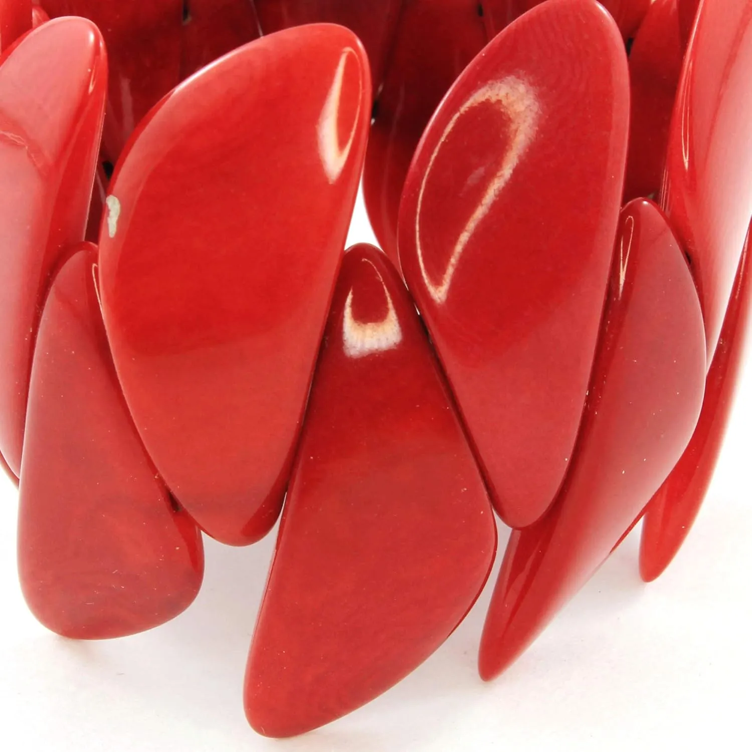 Bold Red Tagua Stretchy Bracelet for Women, Artisan Handmade Fashion Cuff for Her, Wide and Easy On and Off