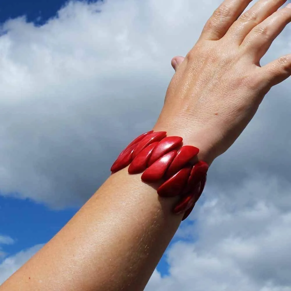 Bold Red Tagua Stretchy Bracelet for Women, Artisan Handmade Fashion Cuff for Her, Wide and Easy On and Off