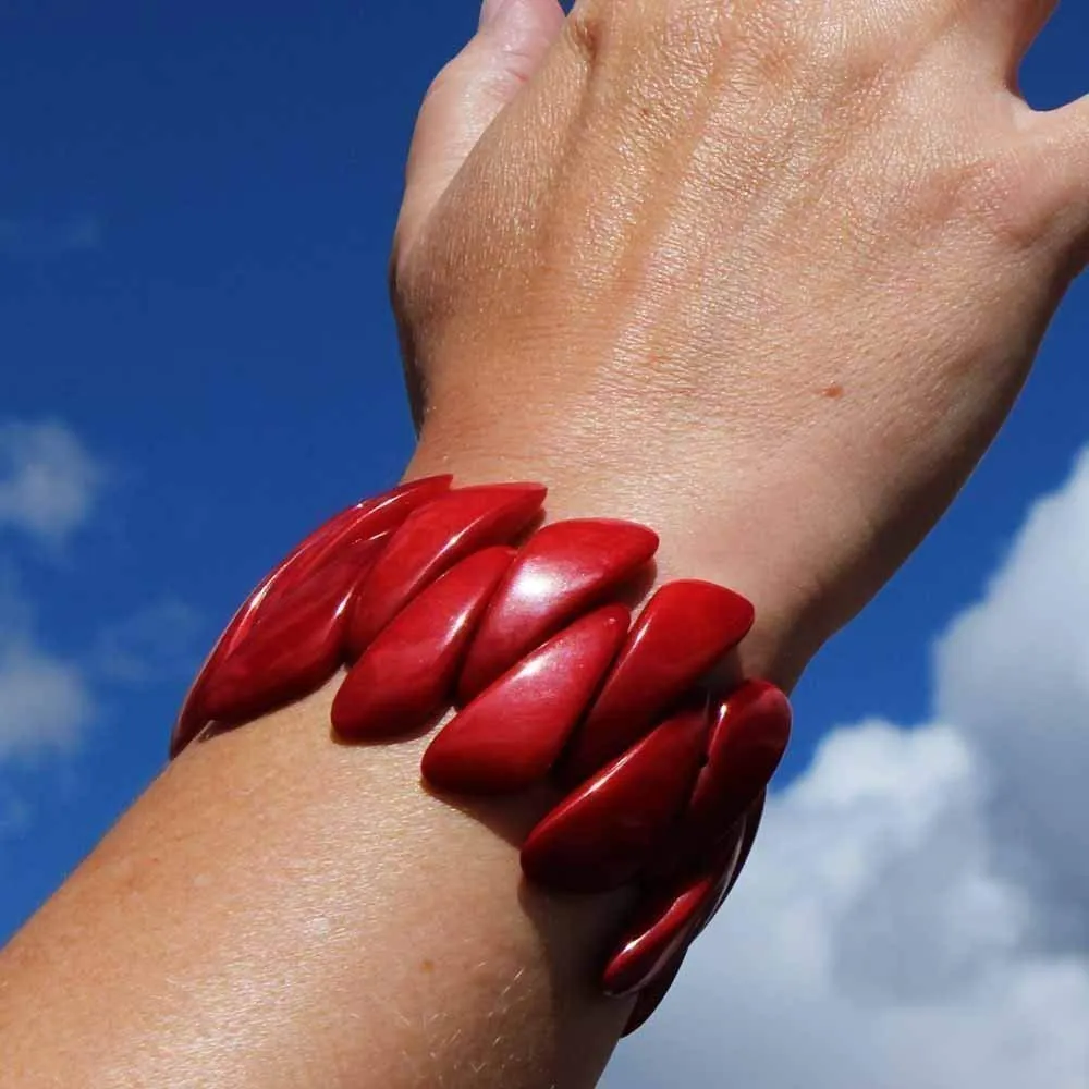 Bold Red Tagua Stretchy Bracelet for Women, Artisan Handmade Fashion Cuff for Her, Wide and Easy On and Off