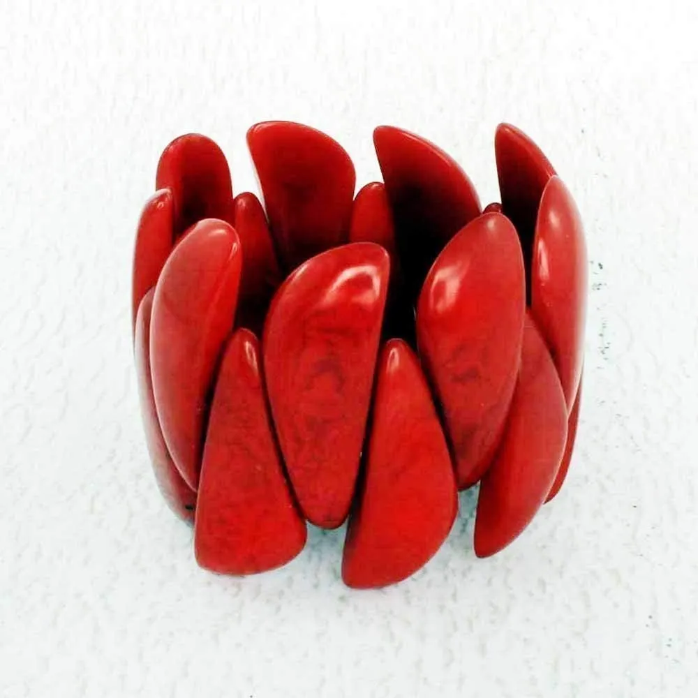 Bold Red Tagua Stretchy Bracelet for Women, Artisan Handmade Fashion Cuff for Her, Wide and Easy On and Off