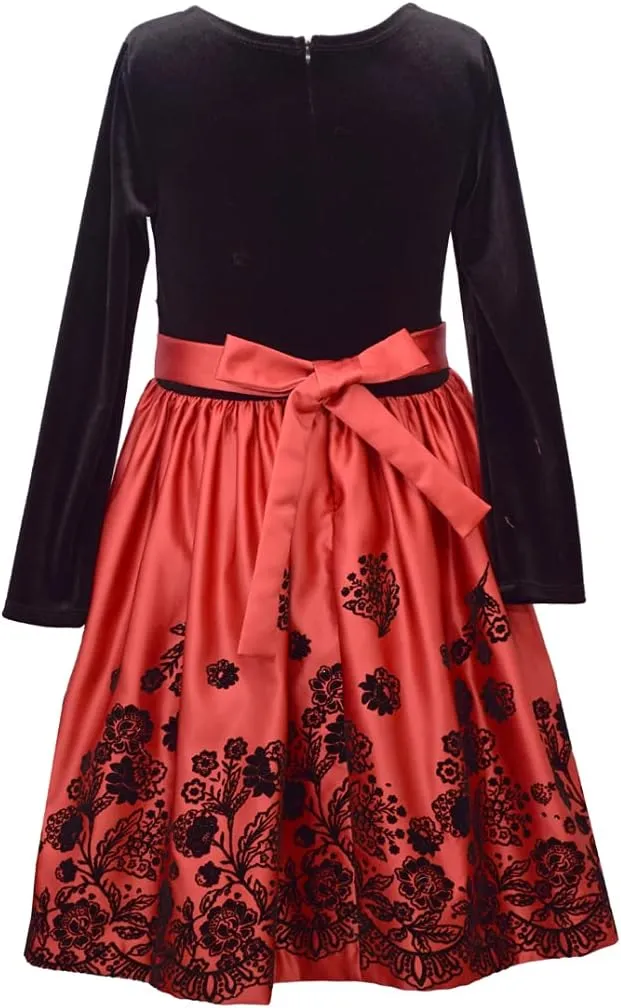 Bonnie Jean Girl's Christmas Red Long Sleeved Velvet Satin Dress for Baby Little and Big Girls