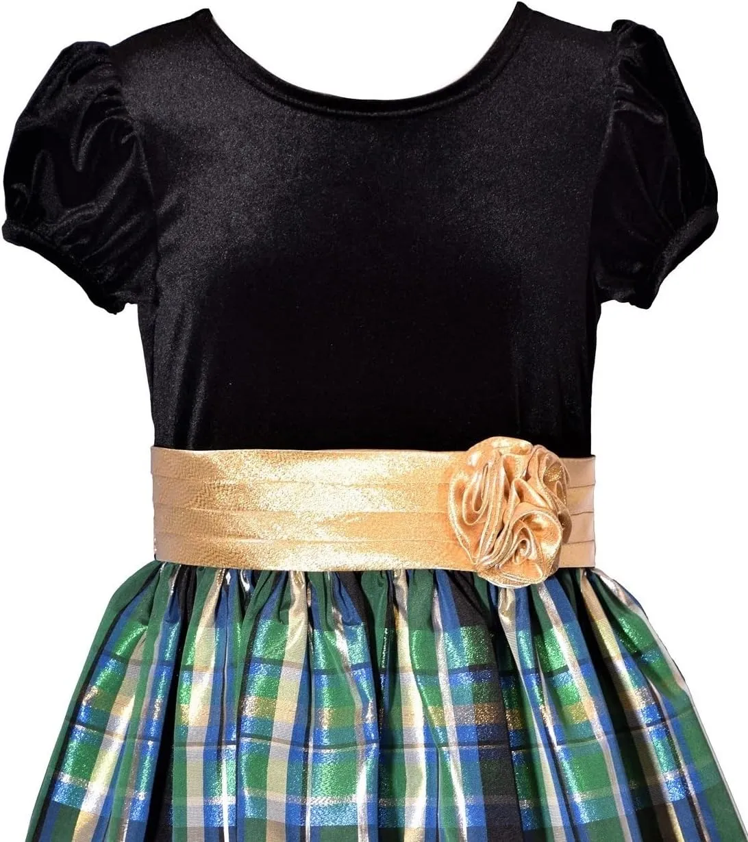 Bonnie Jean Girl's Holiday Christmas Dress - Velvet Plaid for Toddler and Big Girls 7-16