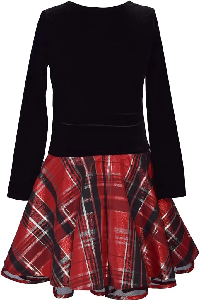 Bonnie Jean Holiday Velvet to Plaid Drop Waist Dress for Toddlers, Little Girls, and Big Girls