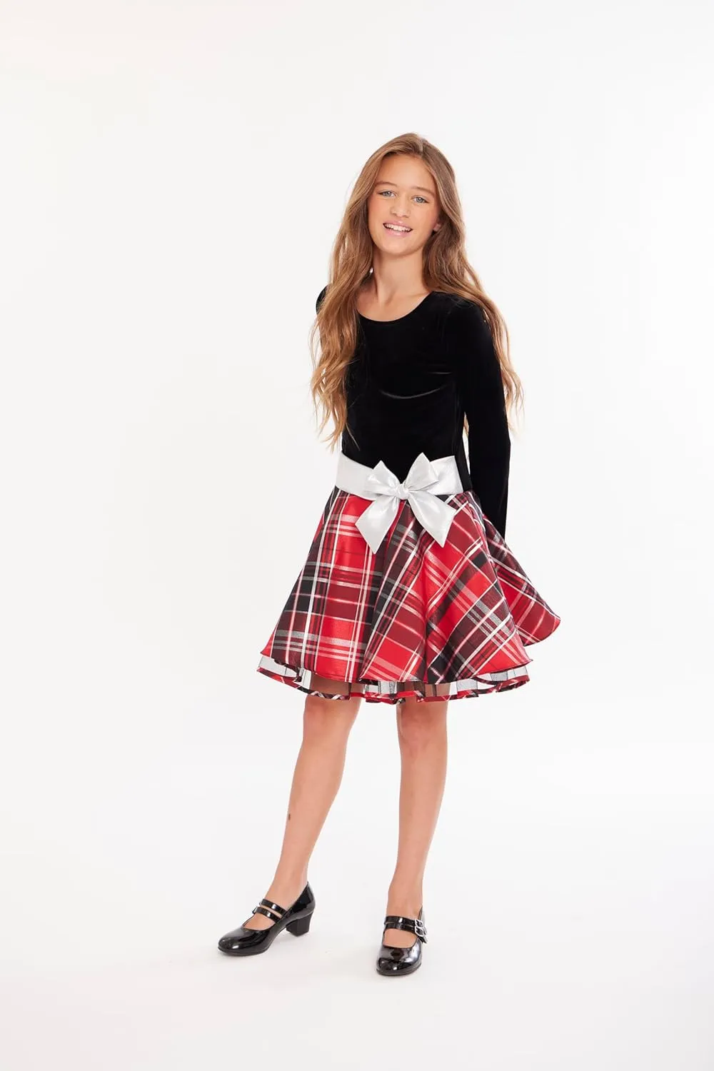 Bonnie Jean Holiday Velvet to Plaid Drop Waist Dress for Toddlers, Little Girls, and Big Girls