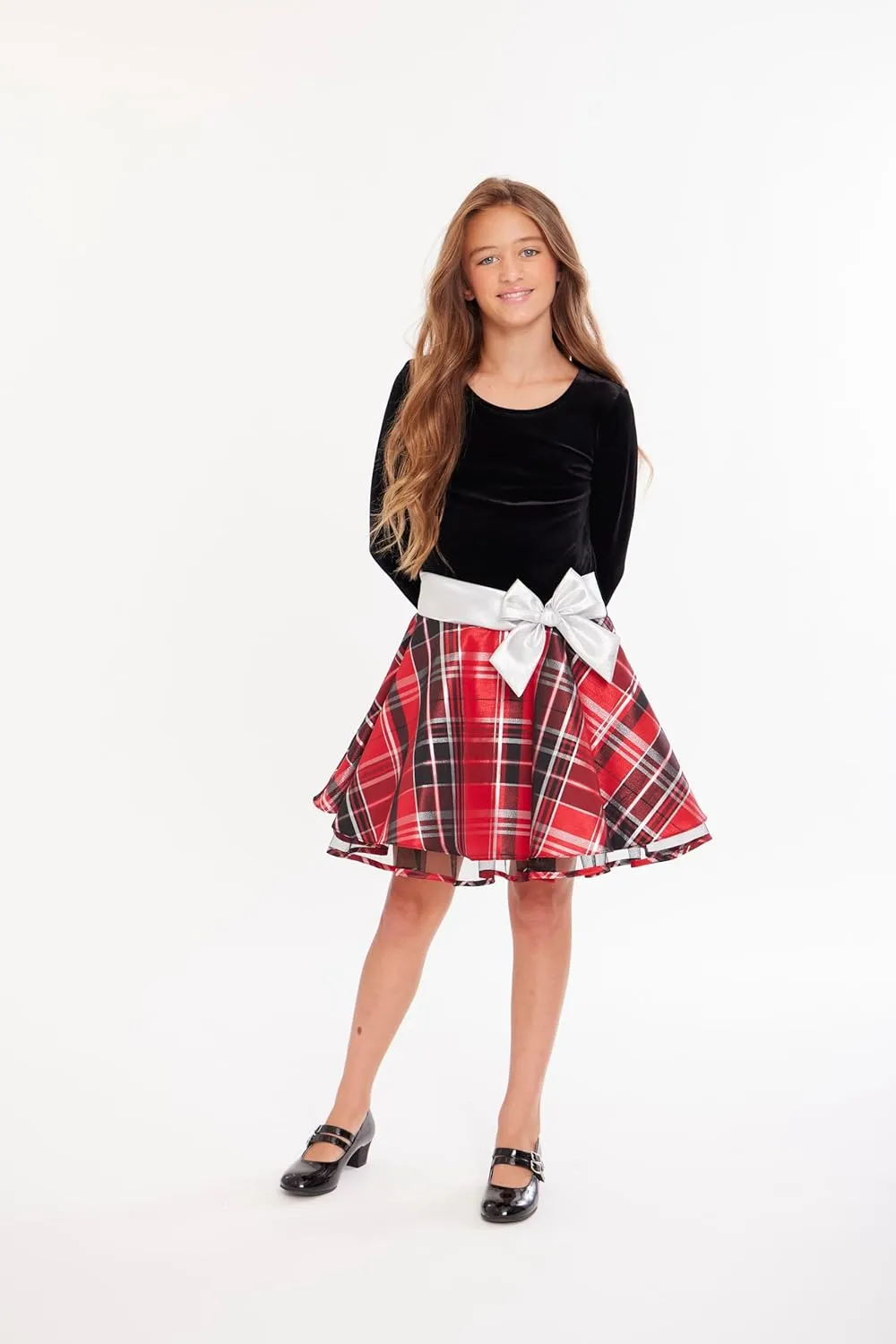 Bonnie Jean Holiday Velvet to Plaid Drop Waist Dress for Toddlers, Little Girls, and Big Girls