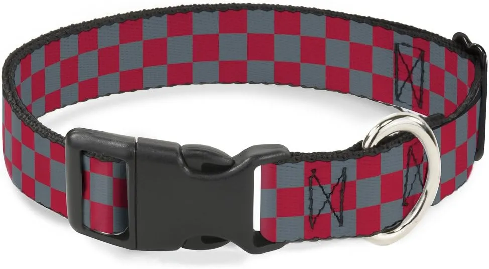 Buckle-Down Plastic Clip Collar - Checker Crimson Red/Gray - 1" Wide - Fits 11-17" Neck - Medium