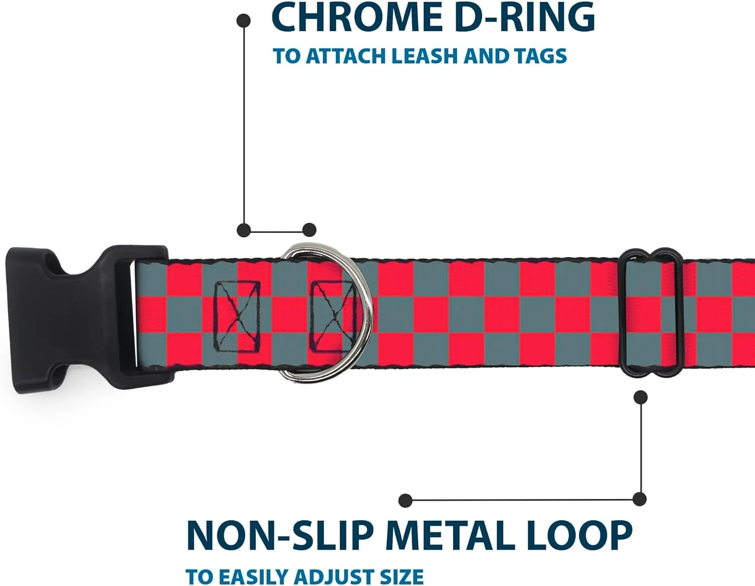 Buckle-Down Plastic Clip Collar - Checker Crimson Red/Gray - 1" Wide - Fits 11-17" Neck - Medium