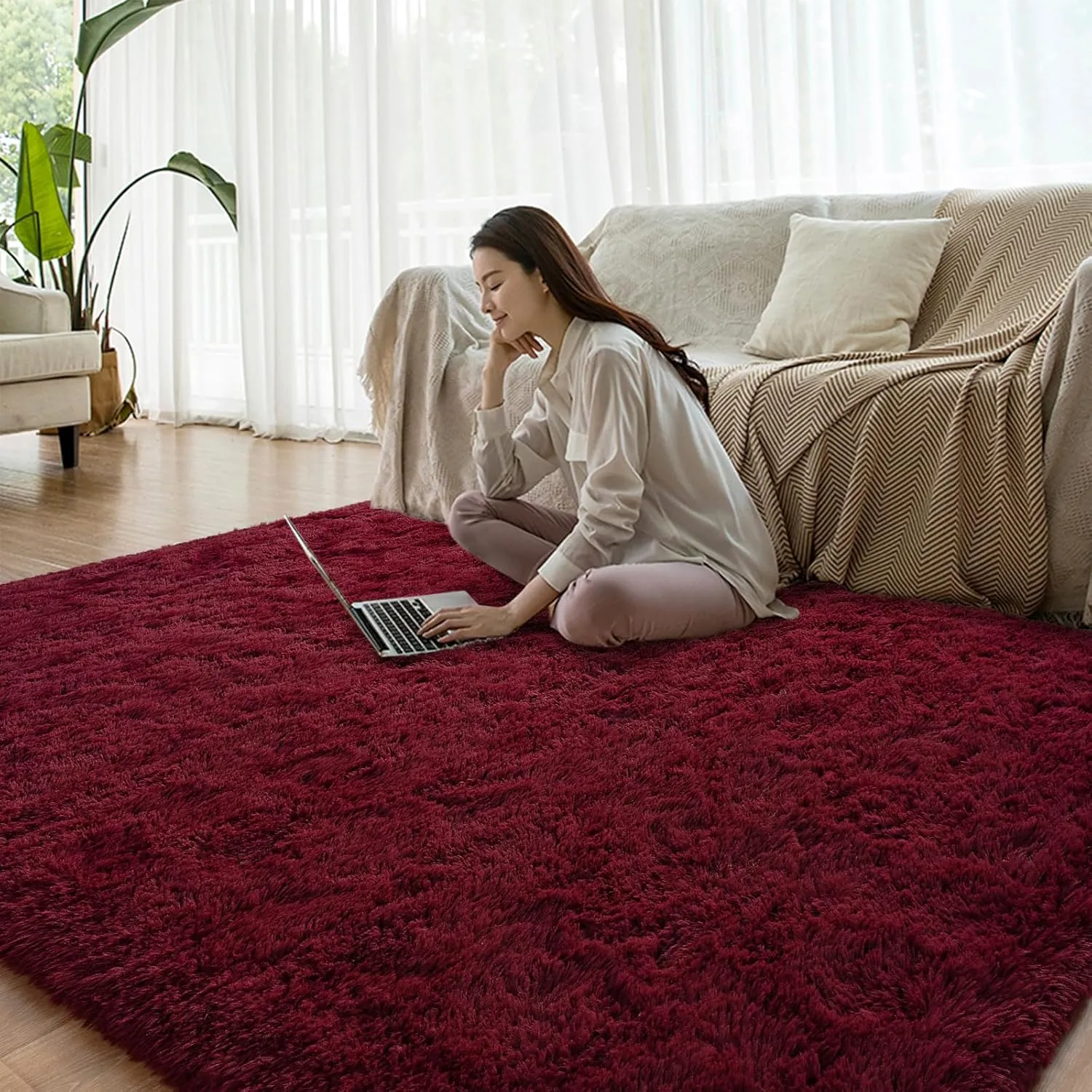 Burgundy Red Area Rugs Fluffy Rug for Bedroom Living Room, 4x6 Feet Indoor Shaggy Carpets, Plush Soft Rug for Kids Room, Furry Rug for Girls Boys Playroom Nursery Room Home Decor