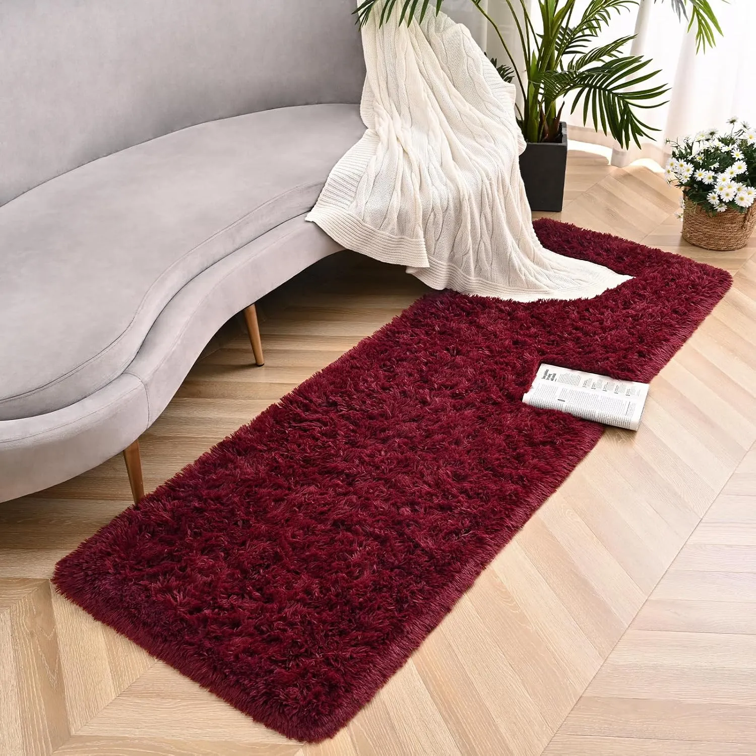 Burgundy Red Runner Area Rugs for Bedroom Living Room, 2x4 Feet Fluffy Bedside Rugs, Soft Shaggy Carpet Rug for Kids Room Nursery, Furry Rugs for Girls Boys Dorm Room Home Decor