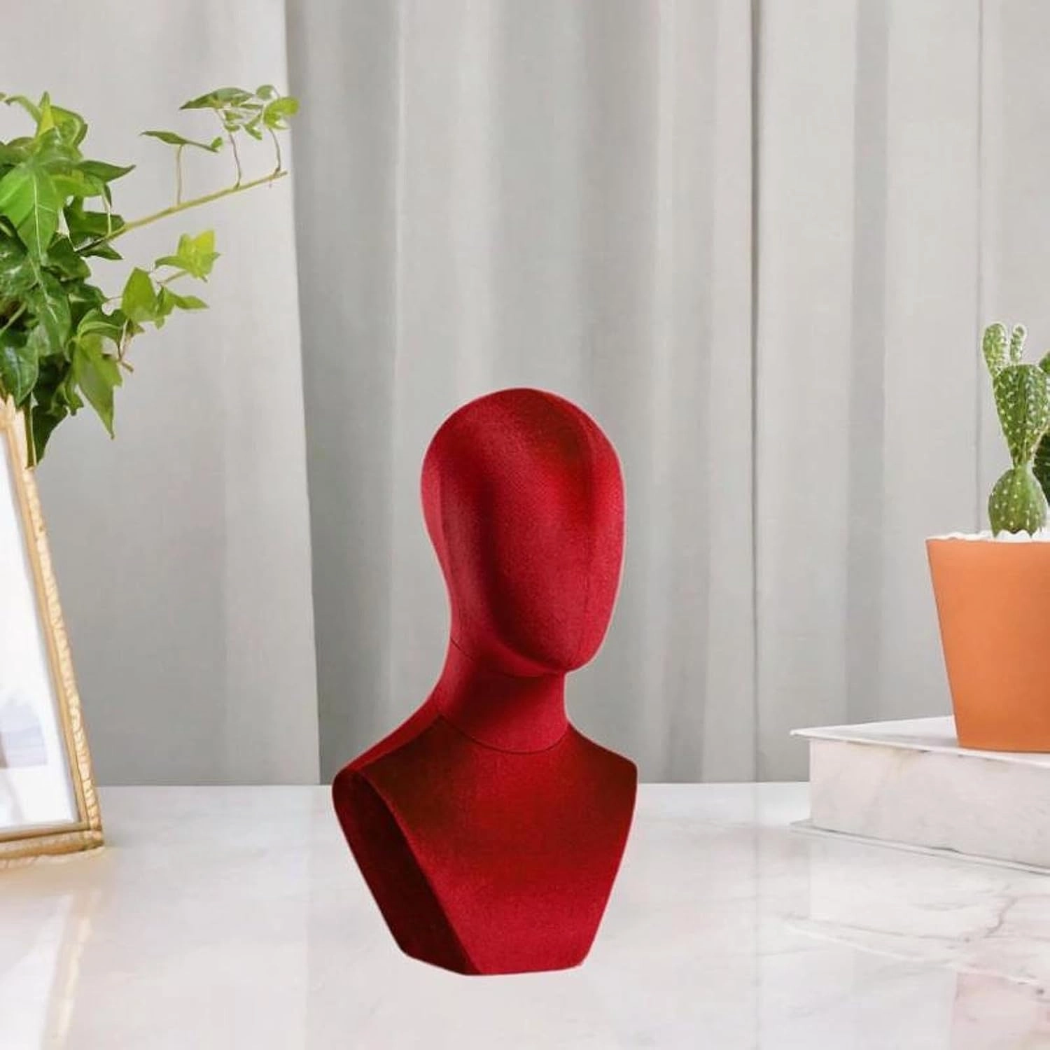 Bust Mannequin Head Wig Display with Shoulder Wig and Hats Display Stand Manikin Velvet Head for Wig Hairdresser Training Cap, Red