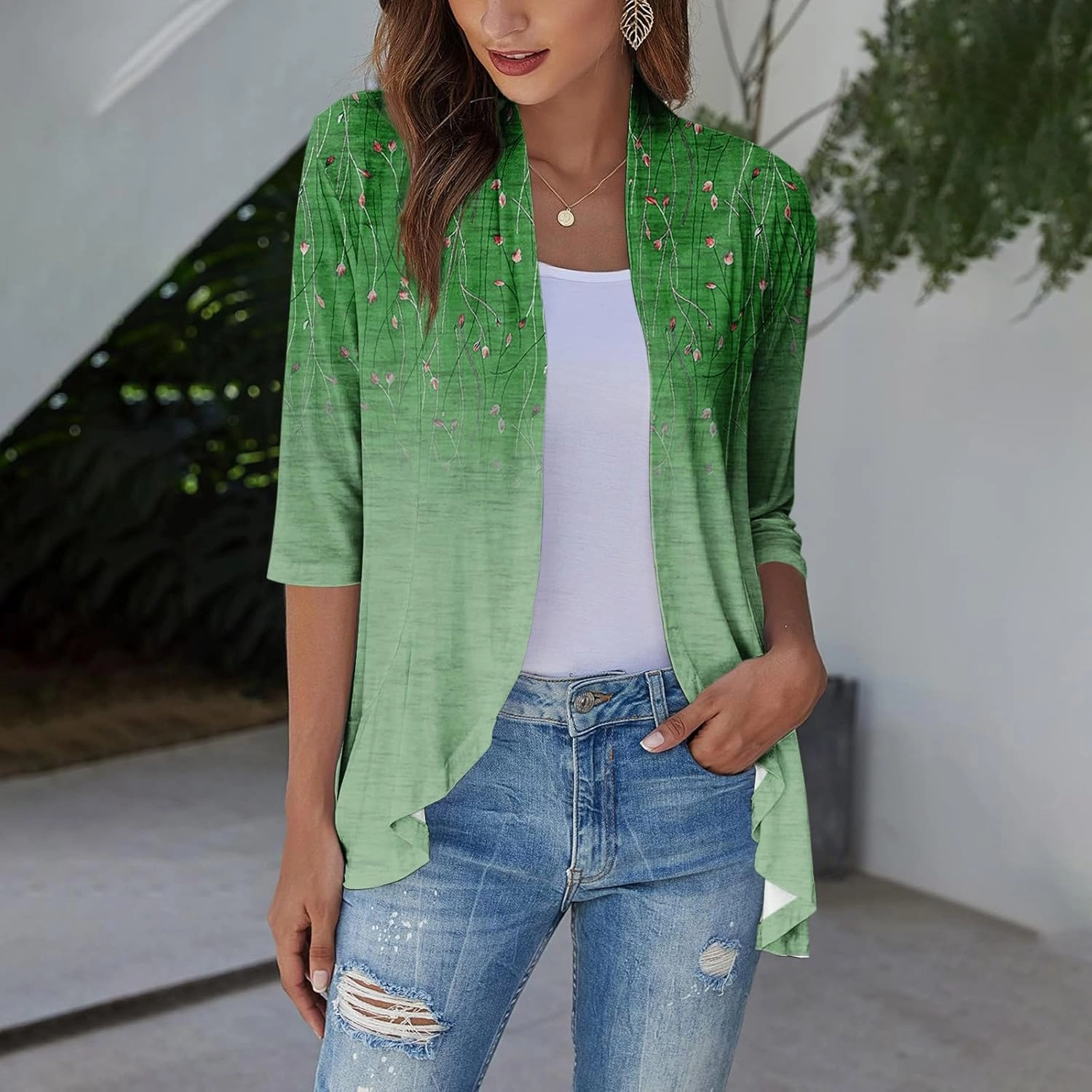 Cardigan for Women Draped Ruffles Printed Casual Tops 3/4 Sleeves Lightweight Open Front Shirts
