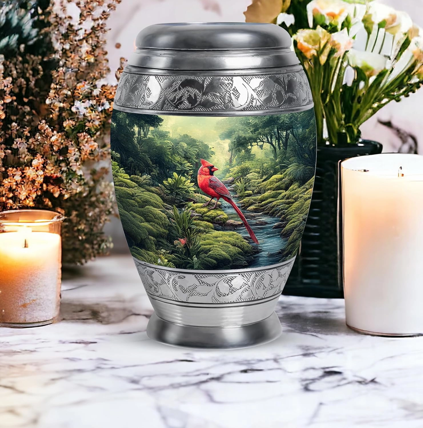 Cardinal Bird Ash Urns for Humans - Memorial Green Cremation Urns for Adult Ashes Men & Women - Burial Urn for Dad Ashes - Large Urn with Velvet Bag, 10 Inch