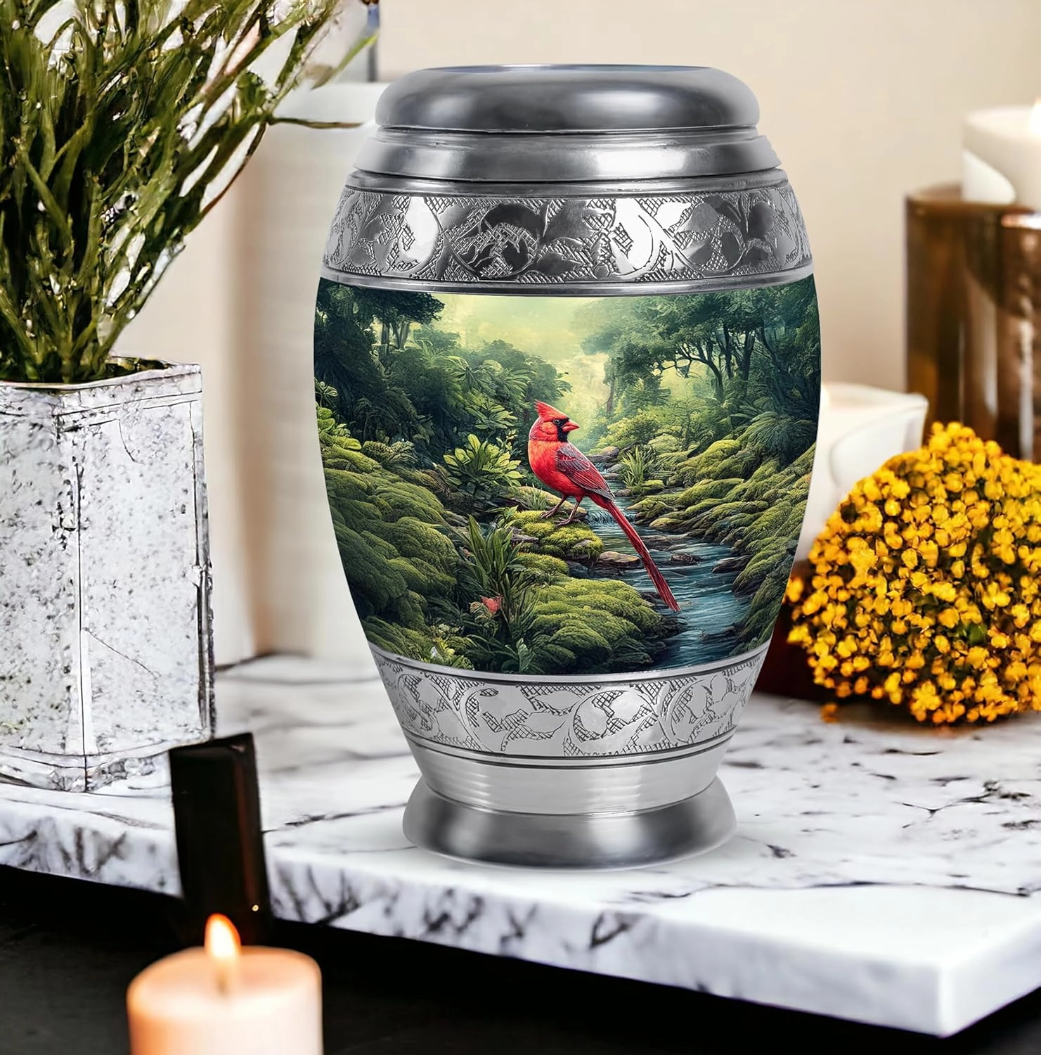 Cardinal Bird Ash Urns for Humans - Memorial Green Cremation Urns for Adult Ashes Men & Women - Burial Urn for Dad Ashes - Large Urn with Velvet Bag, 10 Inch