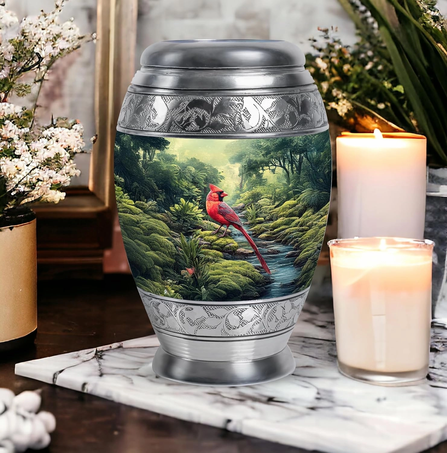 Cardinal Bird Ash Urns for Humans - Memorial Green Cremation Urns for Adult Ashes Men & Women - Burial Urn for Dad Ashes - Large Urn with Velvet Bag, 10 Inch