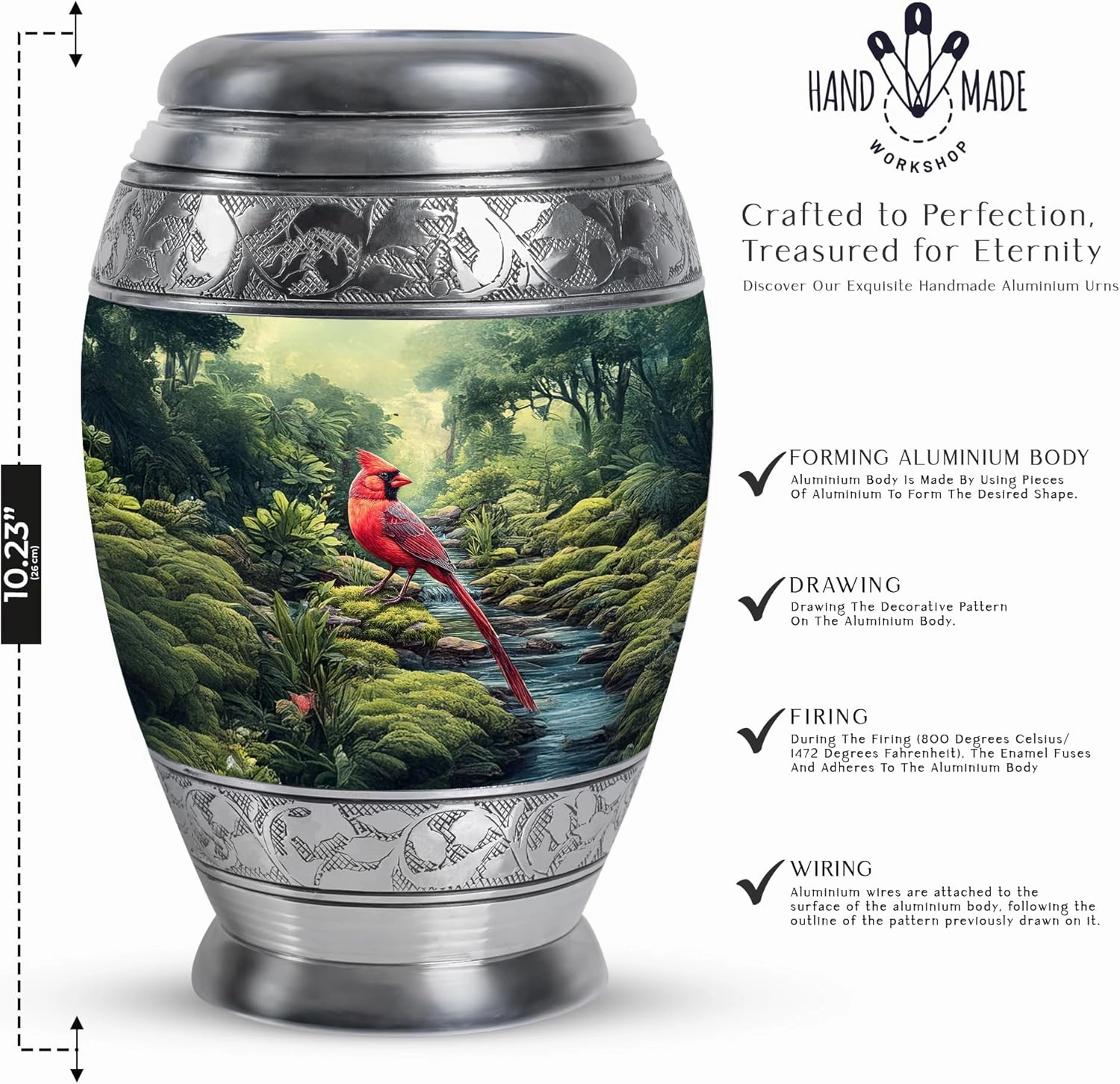 Cardinal Bird Ash Urns for Humans - Memorial Green Cremation Urns for Adult Ashes Men & Women - Burial Urn for Dad Ashes - Large Urn with Velvet Bag, 10 Inch