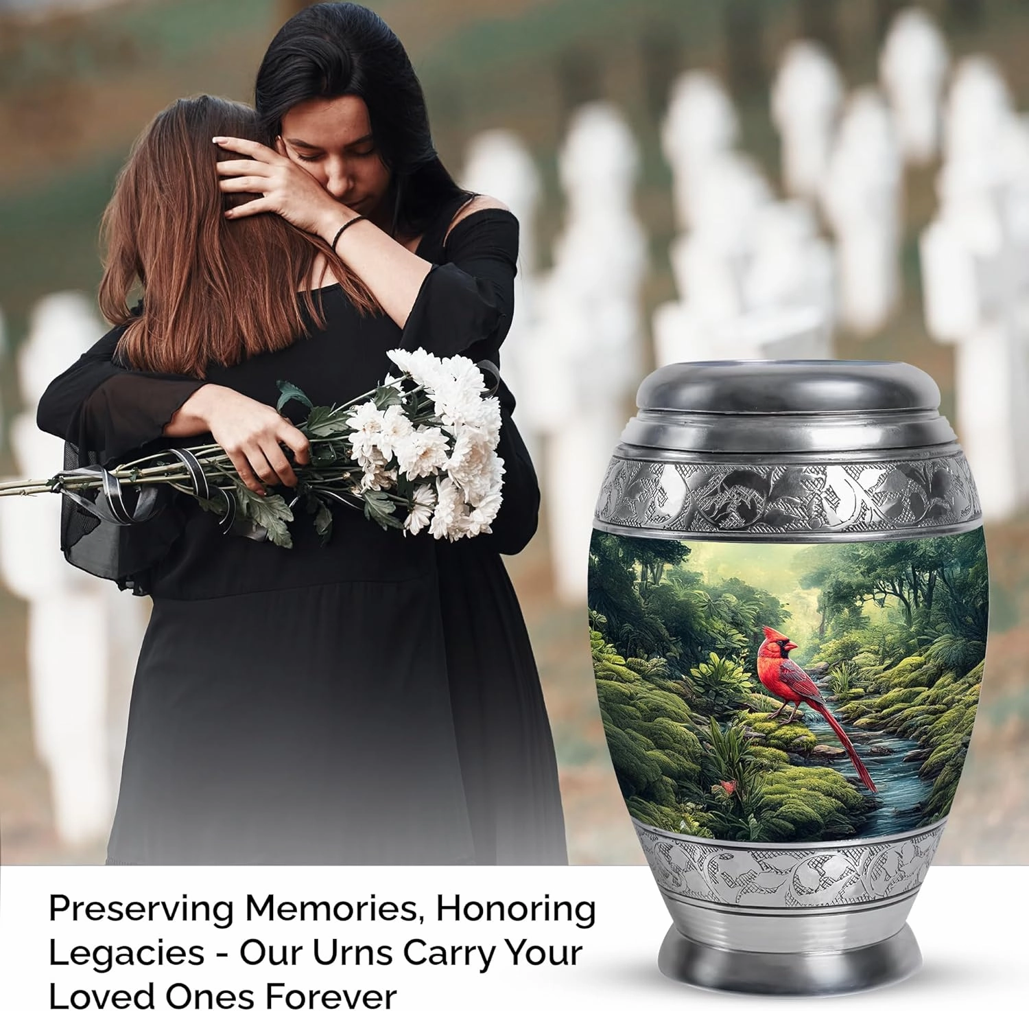 Cardinal Bird Ash Urns for Humans - Memorial Green Cremation Urns for Adult Ashes Men & Women - Burial Urn for Dad Ashes - Large Urn with Velvet Bag, 10 Inch
