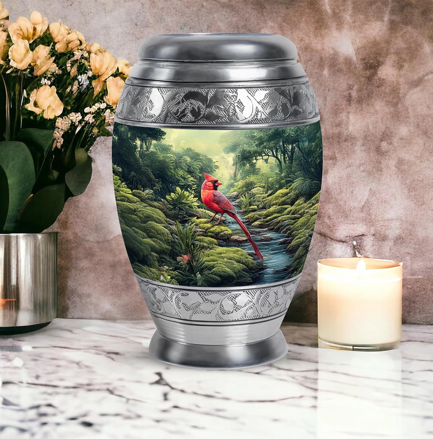 Cardinal Bird Ash Urns for Humans - Memorial Green Cremation Urns for Adult Ashes Men & Women - Burial Urn for Dad Ashes - Large Urn with Velvet Bag, 10 Inch