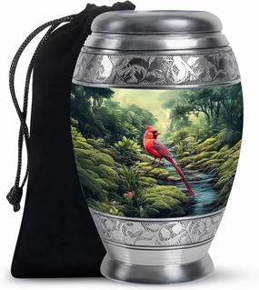 Cardinal Bird Ash Urns for Humans - Memorial Green Cremation Urns for Adult Ashes Men & Women - Burial Urn for Dad Ashes - Large Urn with Velvet Bag, 10 Inch