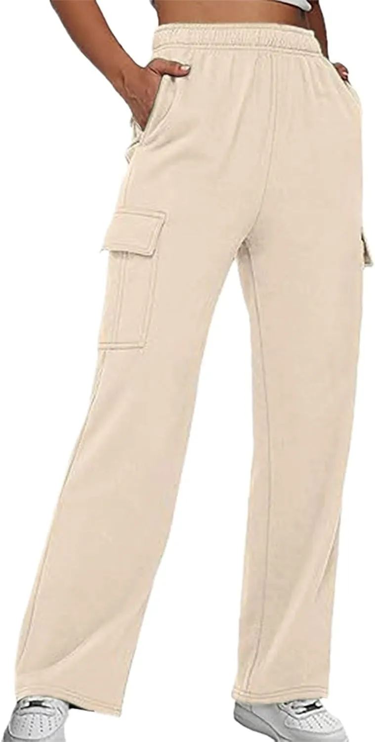 Cargo Sweatpants for Women Casual Baggy Wide Leg Fleece High Waisted Joggers with Pockets Sweat Pants Athletic Pants