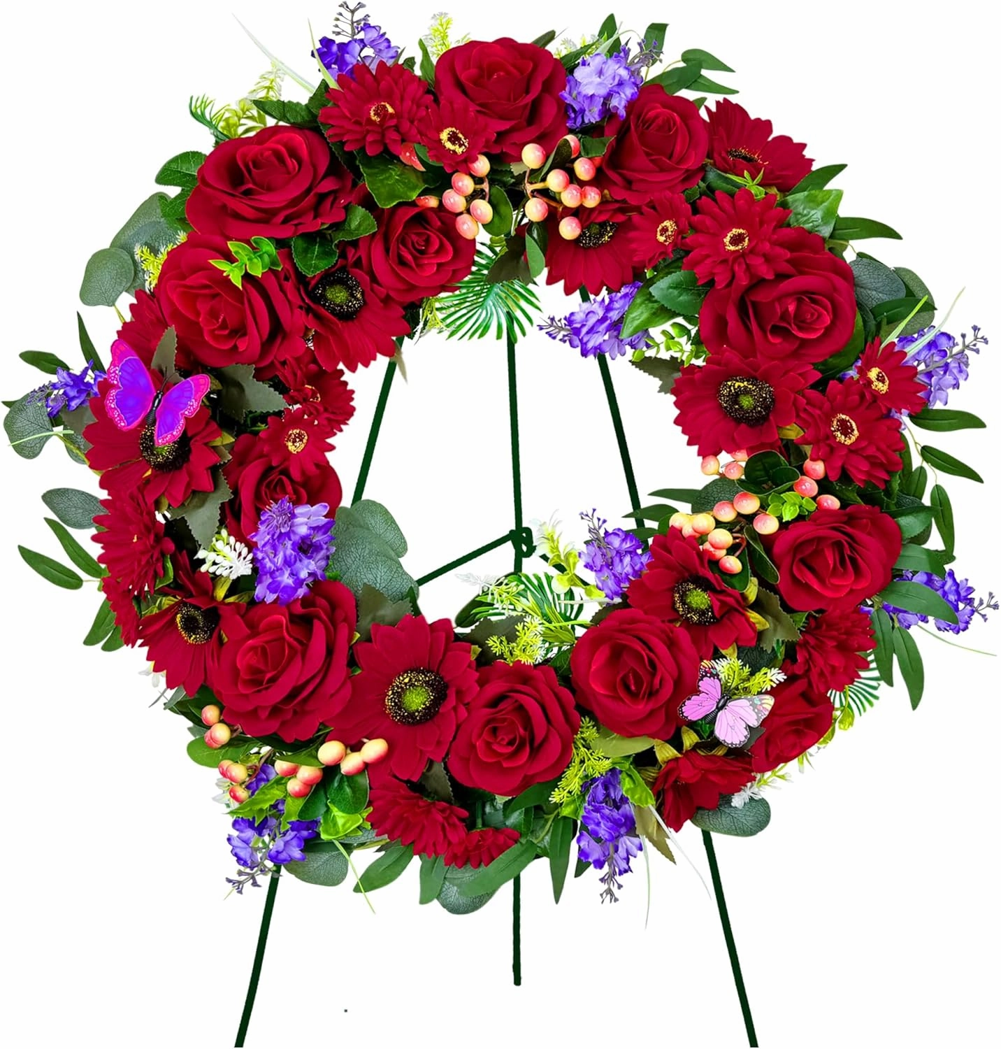 Cemetery Wreath for Grave, Red Roses Memorial Wreath with 30 Inch Easeal Stand, Fade-Resistant