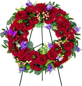 Cemetery Wreath for Grave, Red Roses Memorial Wreath with 30 Inch Easeal Stand, Fade-Resistant