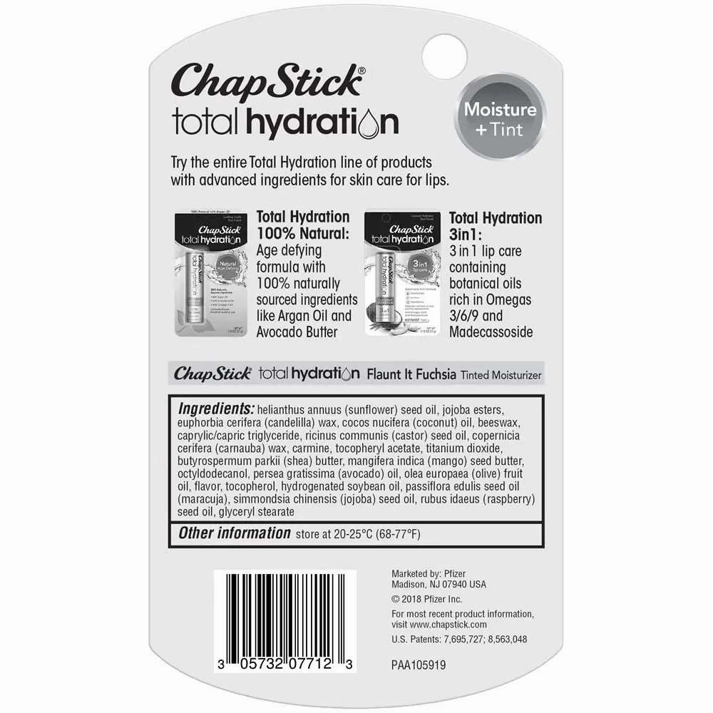 ChapStick Total Hydration Moisture   Tint Flaunt It Fuchsia Tinted Lip Balm Tube, Tinted Moisturizer - 0.12 Oz