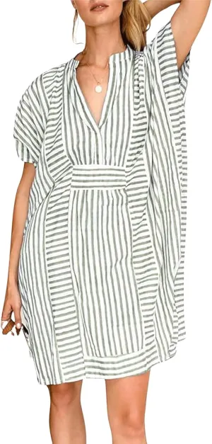 CHARTOU Women's Striped Beach Cover Up Dress Baggy Batwing Sleeve Short Sundress Tunic Shirt Dresses Summer